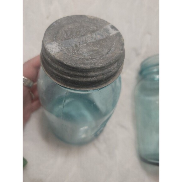 Vintage Blue Glass Ball Mason Jar Extended A Bubbles One Zinc Lid 2 Jars - Picture 8 of 13